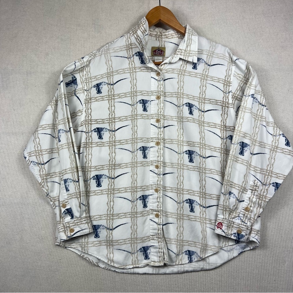 Vintage Barn Fly Allover Bull Head Barbed Wire Shirt Men’s Large Cowboy Rodeo